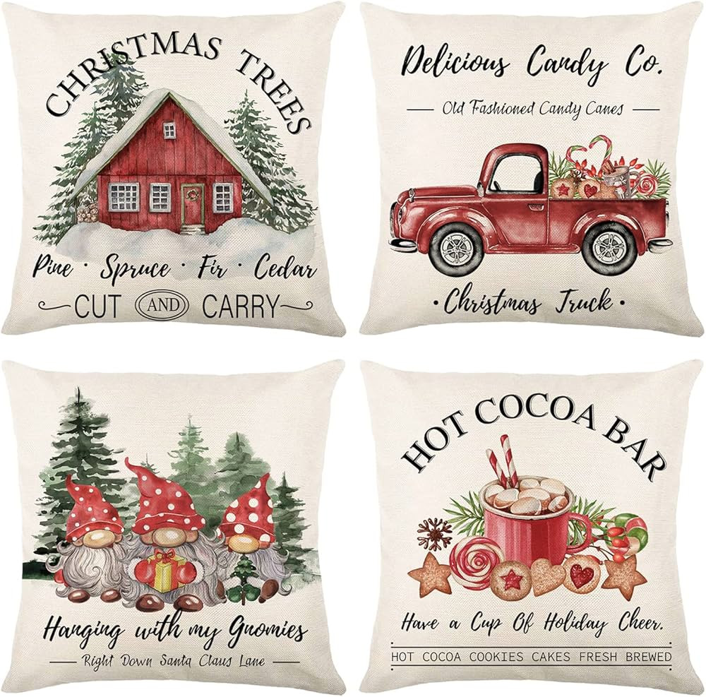 Hofomca Christmas Throw Pillow Covers 18x18 Set of 4, Merry Christmas Tree Gnome Red Truck Candy ... | Amazon (US)