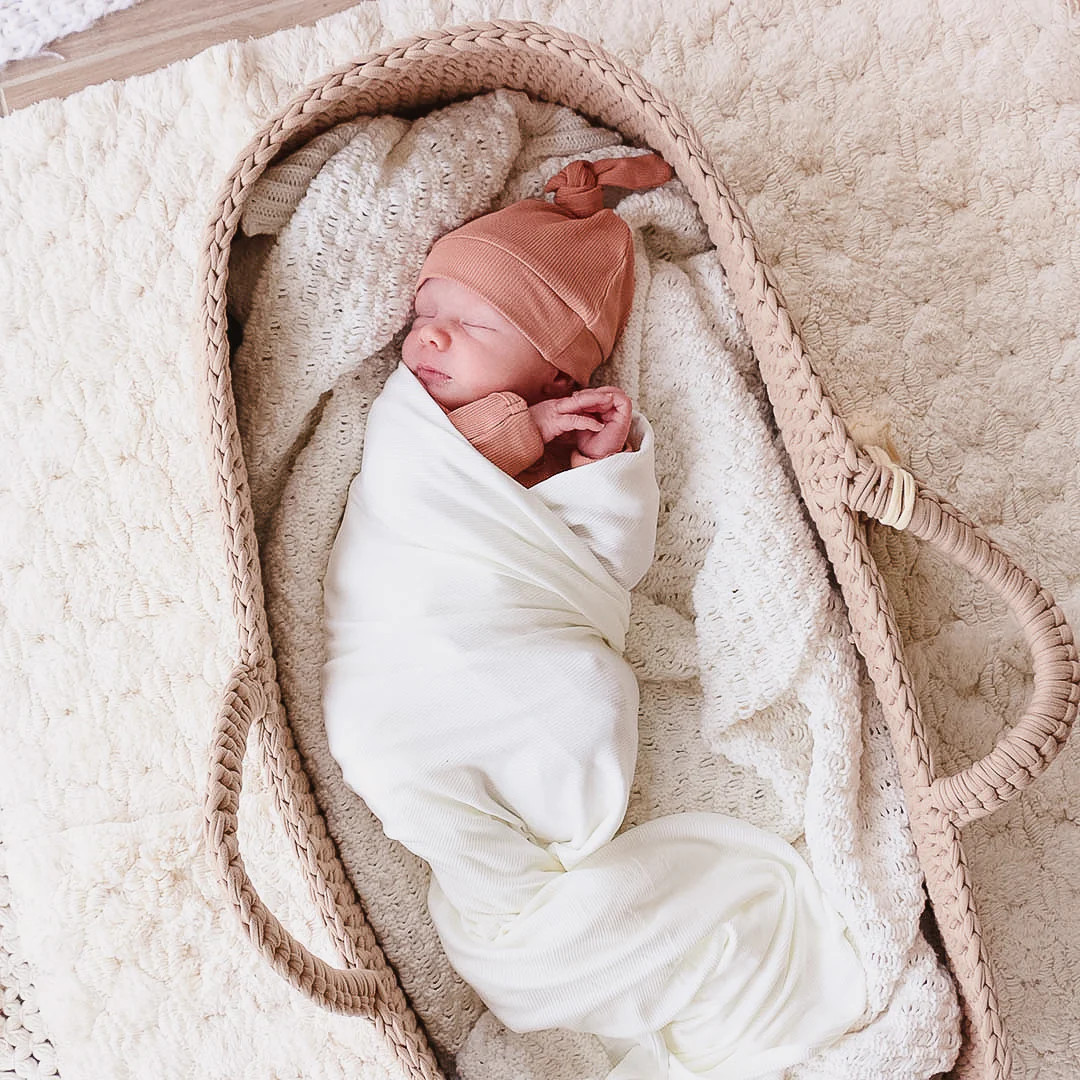Pearl White Ribbed Bamboo Knit Swaddle | Caden Lane