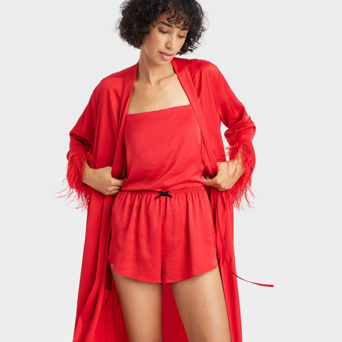 Women's Satin & Feather Robe - Auden™ Red XS/S | Target