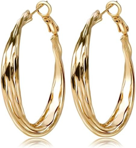 Golden Hoop Earrings For Women The Twisted Close-Fitting Hoop Shape Is Crafted With Gold-Plated M... | Amazon (US)