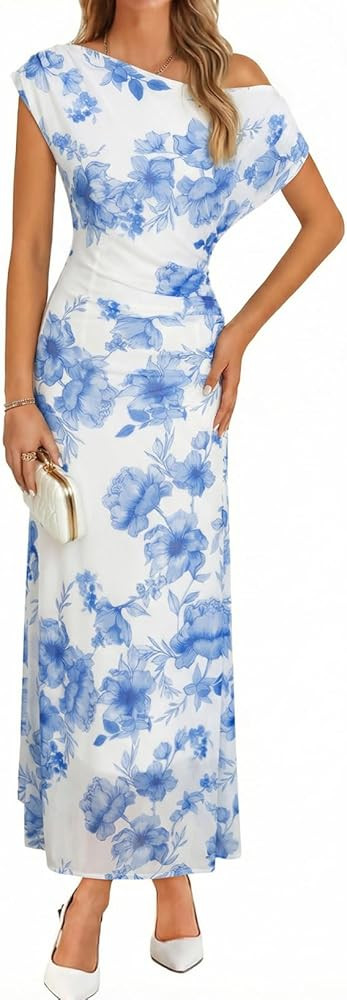 BLENCOT Women's Floral Off Shoulder Maxi Dress Ruched Bodycon Summer Wedding Guest Party Gown | Amazon (US)