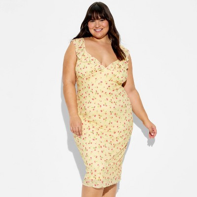 Women's Ruffle Sleeve Midi A-Line Dress - Wild Fable™ Yellow Floral 4X | Target