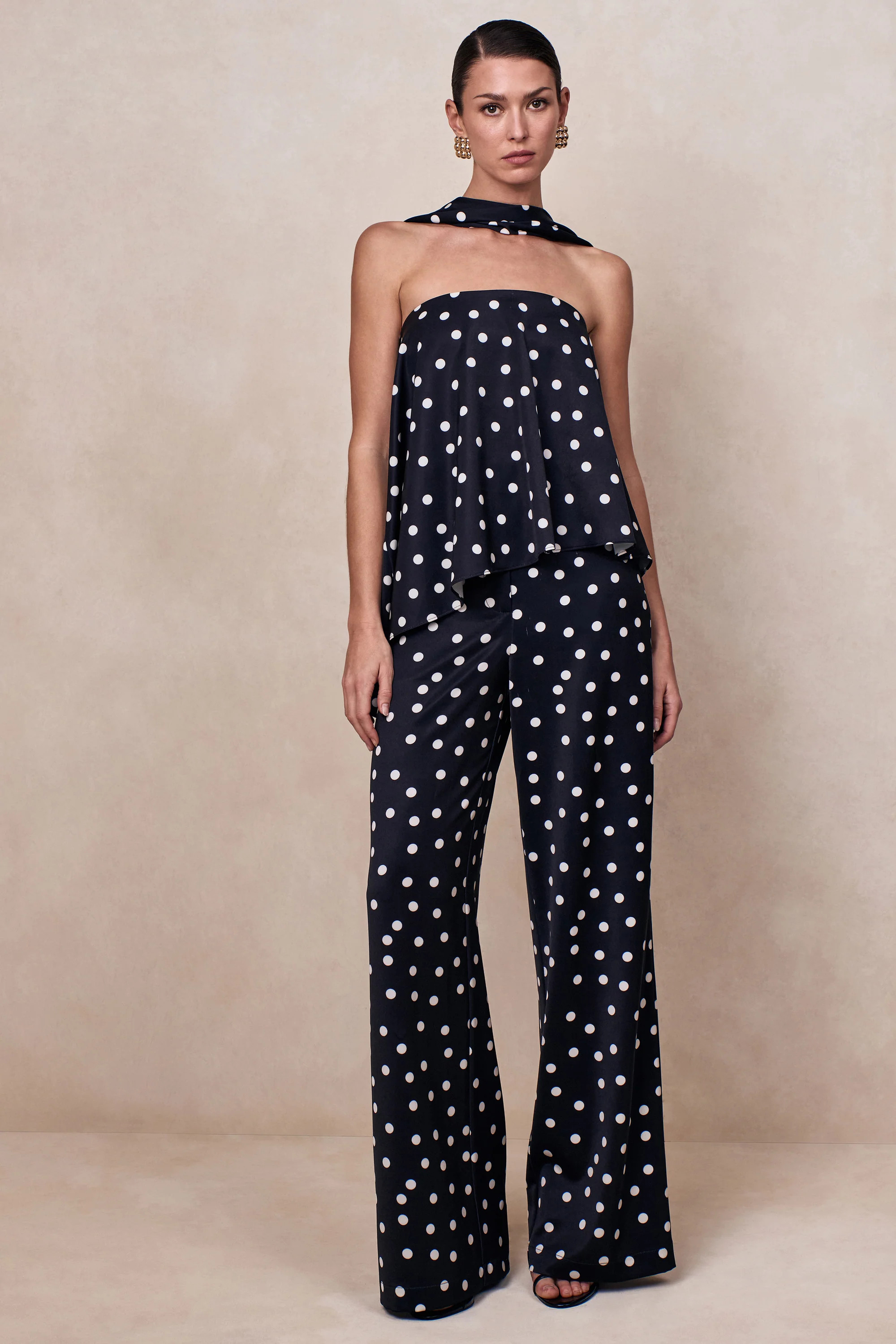 Evandra | Black & White Satin Polka Dot Bandeau Top With Scarf | Club L London
