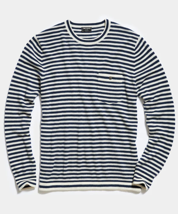 Cashmere Pocket Tee in Navy Stripe | Todd Snyder