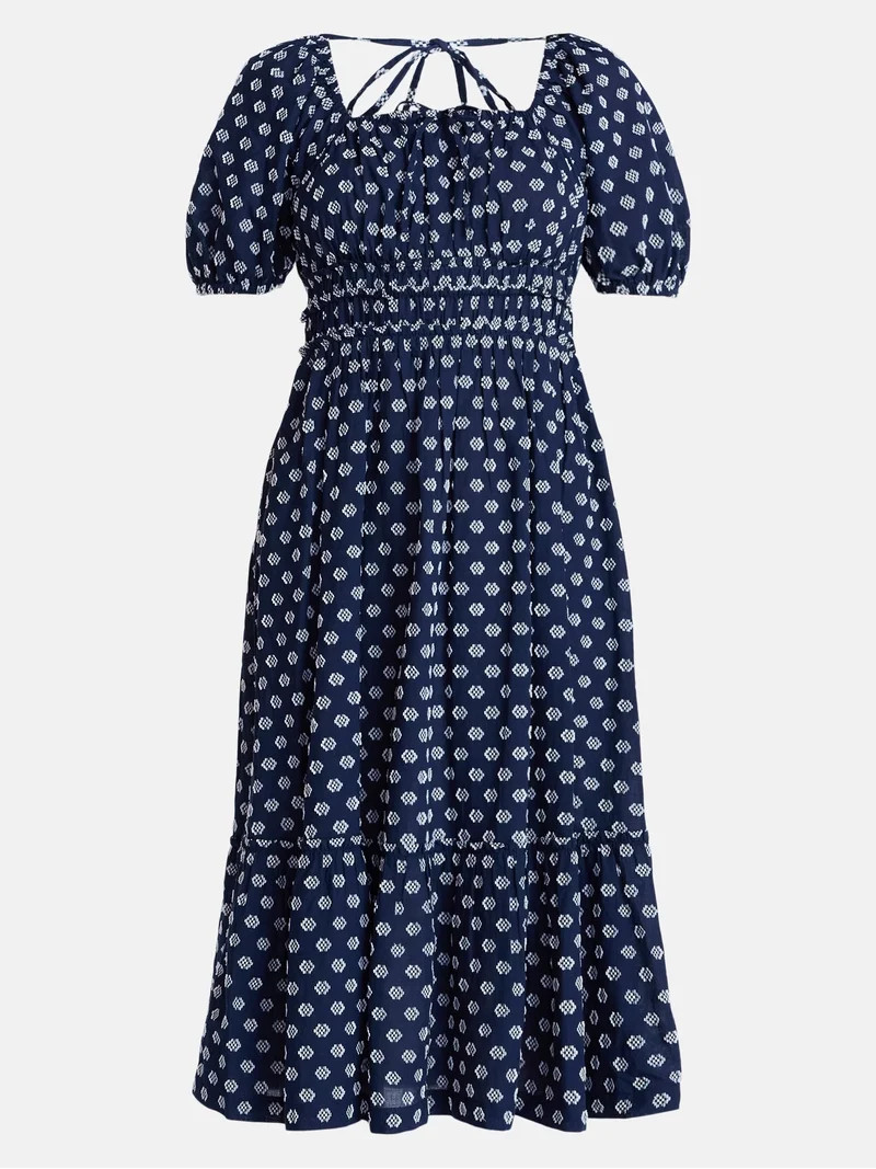 Time and Tru Women's Square Neck Cotton Midi Dress with Puff Sleeves, Sizes XS-XXXL | Walmart (US)