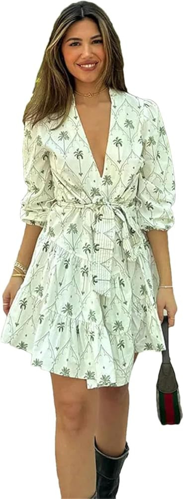 Women Flower Print Mini for Sexy V-Neck High Waist Slim A-Line Dresses Ladies Elegant Chic Party ... | Amazon (US)