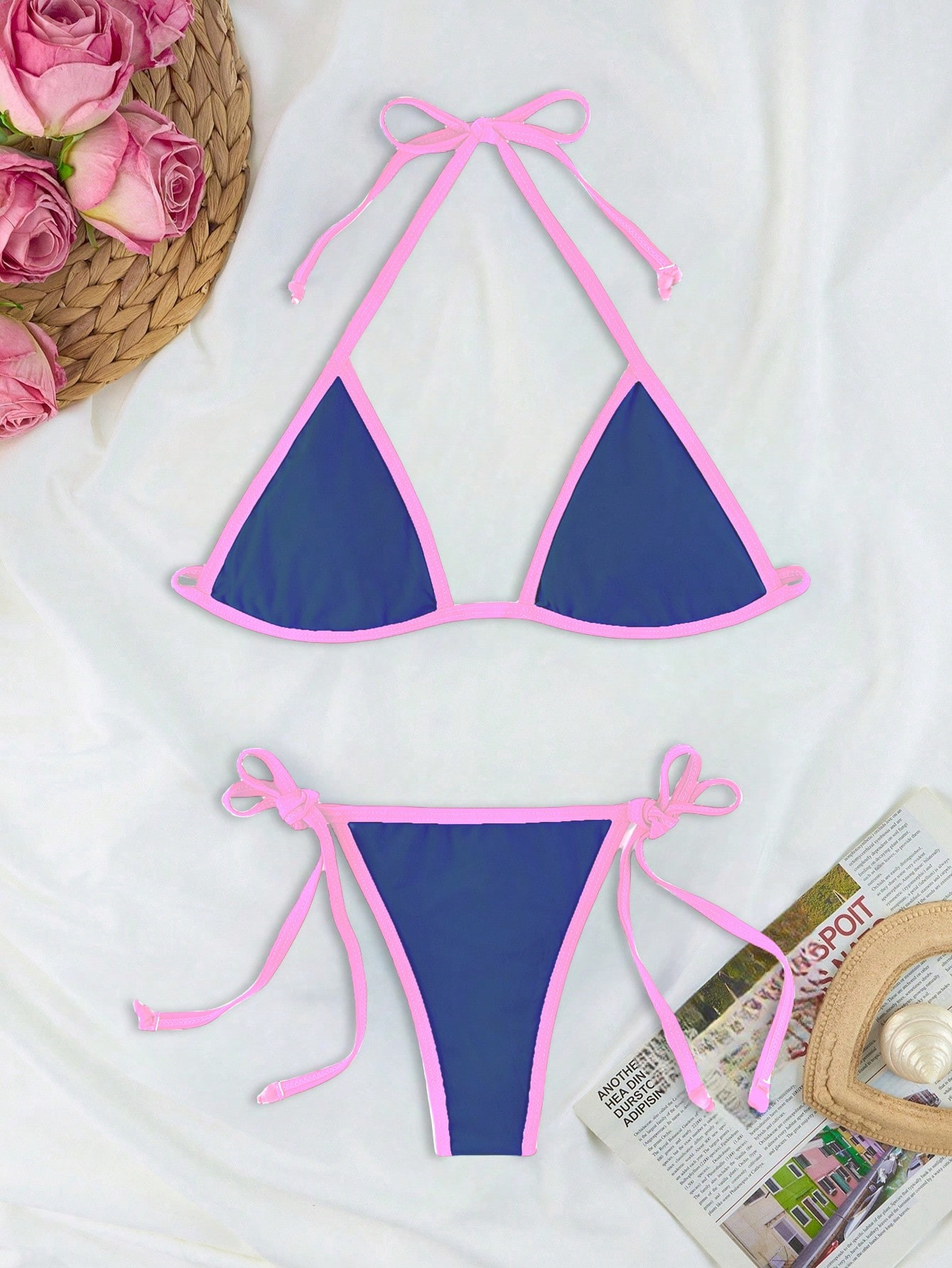 2pcs Women Color Block Nylon Halter Neck Triangle Bra And Bikini Bottom Swimwear Set, Bathing Sui... | SHEIN