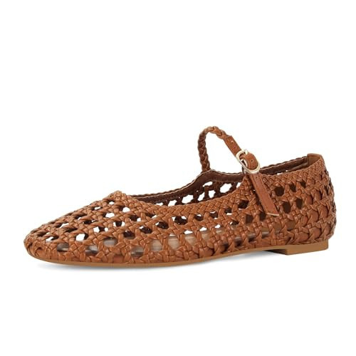 MICIFA Woven Mesh Ballet Flats for Women Round Toe Mary Jane Flats Buckle Strap Ballerina Flats Comfortable Dress Casual Flat Shoes Brown | Amazon (US)