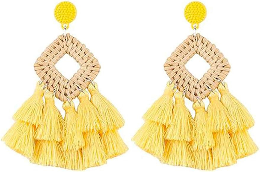 KOHOTA Bohemian Rattan Tassel Earrings for Women Lightweight Boho Jewelry Handmade Weaving Geometric | Amazon (US)