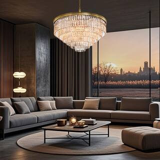 25-Light 39 in. Brushed Brass Luxury Round Crystal Chandelier with No Bulbs Included | The Home Depot