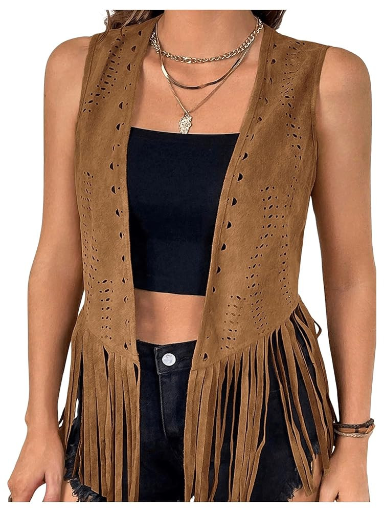 OYOANGLE Women's Plus Size Hollow Out Fringe Vest Jacket Sleeveless Open Front Western Hippie Wai... | Amazon (US)
