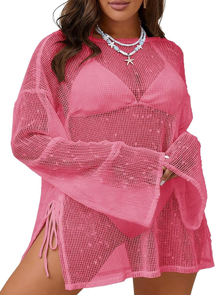 MK Shop Limited Womens Plus Size Swimsuit Crochet Cover Up Sexy Boat Neck Bathing Suit Summer Bea... | Amazon (US)