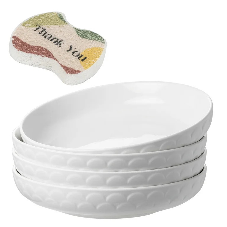 DOWAN Pasta Bowls and Scrub Sponge, Set of 4 Large Salad Plates, 10'' Dinner Plates, 54 oz White ... | Walmart (US)