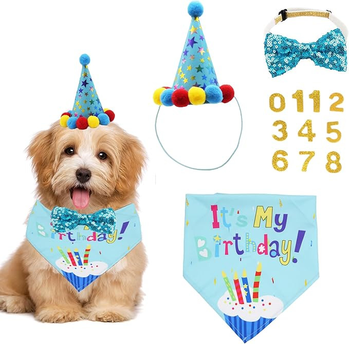 ADOGGYGO Dog Birthday Bandana Scarf and Dog Girl Boy Birthday Party Hat with Cute Dog Bow Tie for... | Amazon (US)