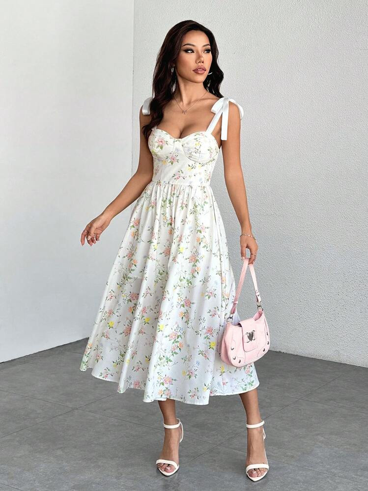 SHEIN PETITE Romantic Floral Printed Shoulder Strap Tie Waist Women's Summer Maxi Dress,Summer Women Dresses,Bridgerton Style Dress,Floral Dress | SHEIN