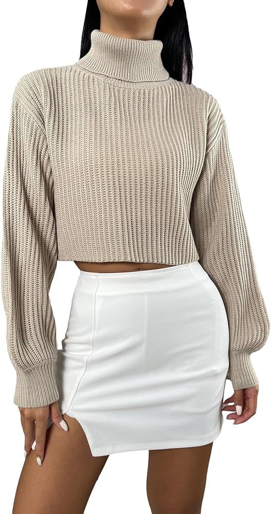 OYOANGLE Women's High Turtleneck Long Sleeve Knit Crop Top Pullover Sweater | Amazon (US)
