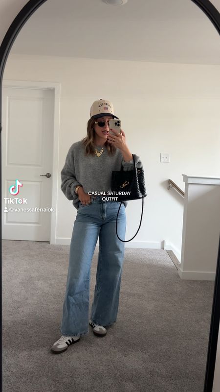 5/4/24 casual Saturday outfit 🫶🏼 casual outfits, spring transition outfits, winter to spring outfits, wide leg jeans, high rise baggy jeans, baggy jeans, Levi’s baggy jeans, oversized sweater, grey oversized sweater 