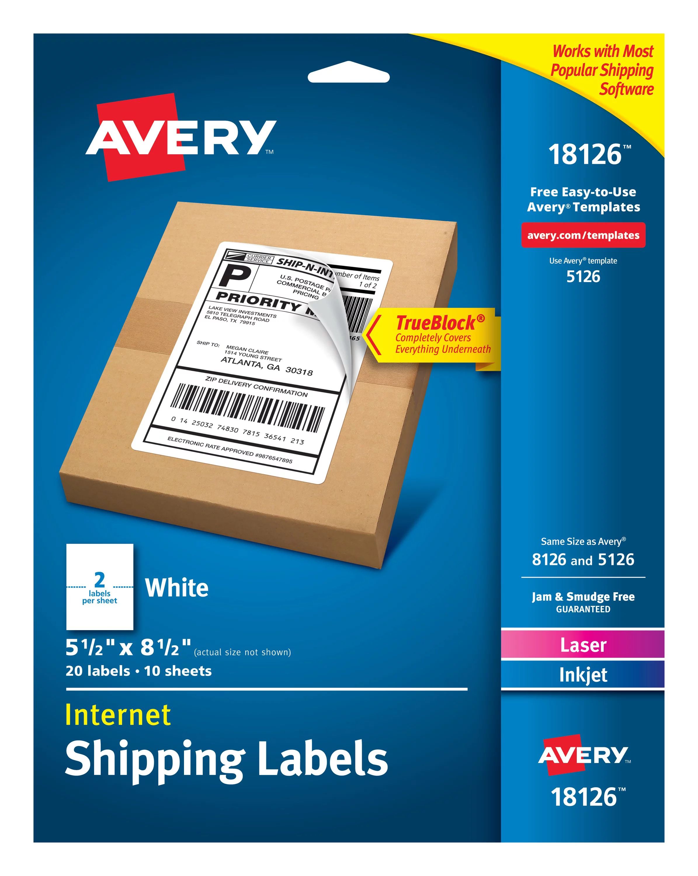 Avery Shipping Labels, White, 5-1/2" x 8-1/2", True Block, Laser/Inkjet, 20 Labels (18126) | Walmart (US)