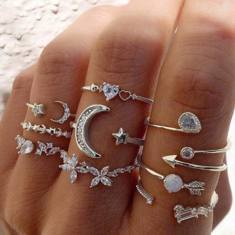 9pcs/Set Minimalistic Heart, Star, Moon & Rhinestone Thin Rings Set For Women, Perfect For Date & Vacation Gift | SHEIN