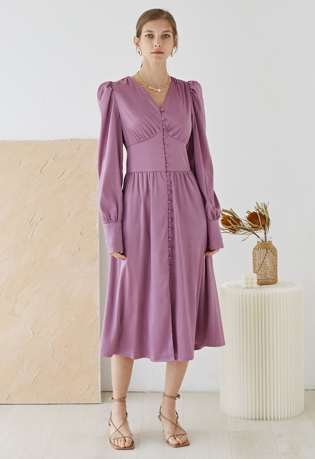 Puff Sleeves Button Up Satin Midi Dress in Lilac | Chicwish