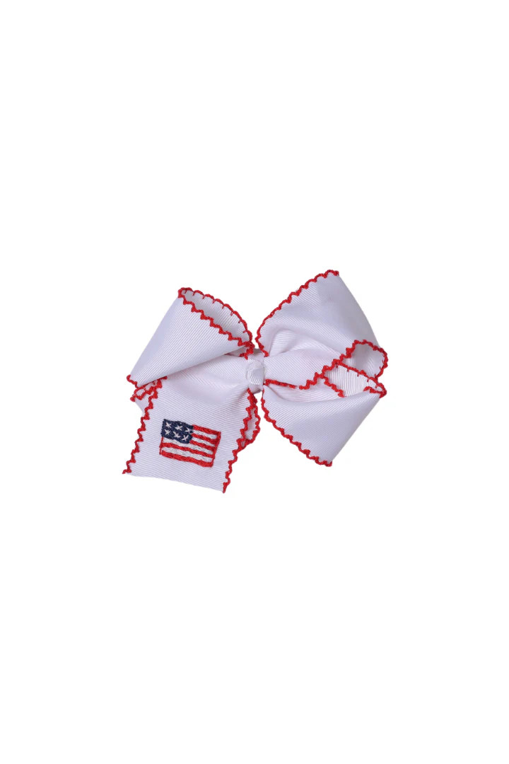 Embroidered Flag Grosgrain Bow White/Red | The Smocked Flamingo