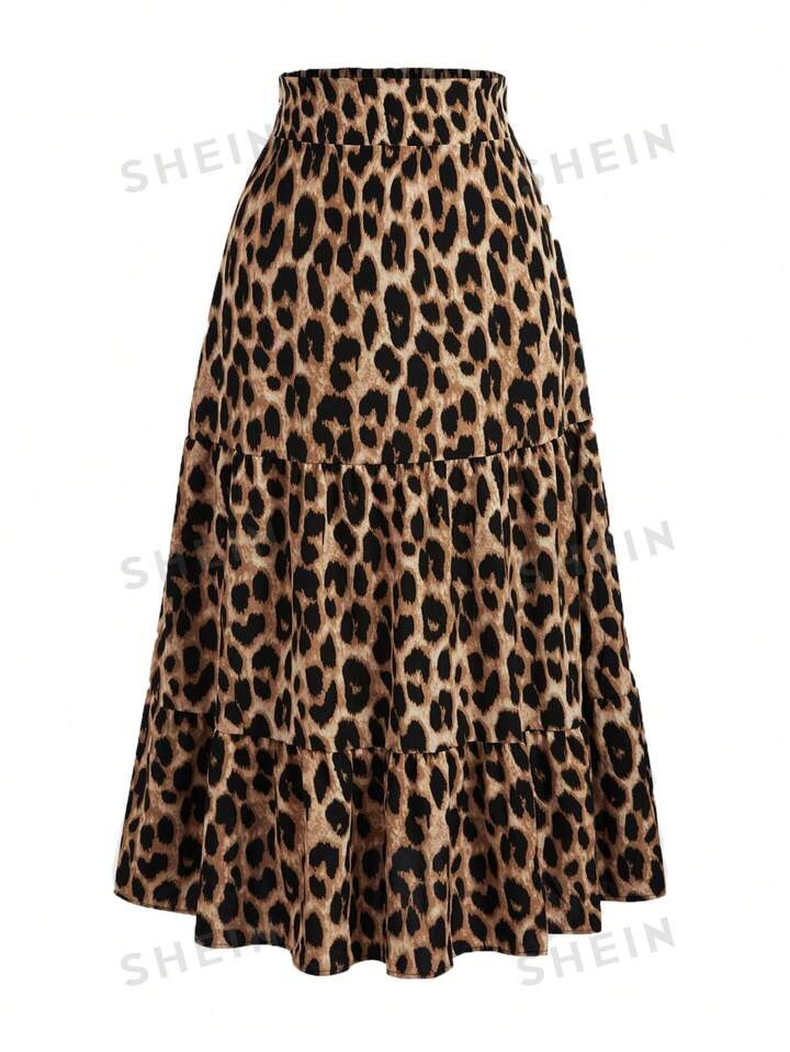 SHEIN Clasi Plus Size Leopard Print Skirt With Floral Lace Trim, Perfect For A Vacation Outfit | SHEIN