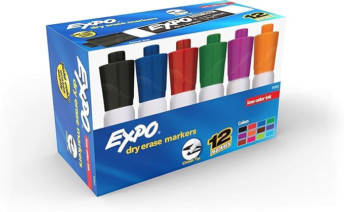 EXPO Low Odor Dry Erase Markers, Chisel Tip, Assorted Colors, Box of 12 | Amazon (US)