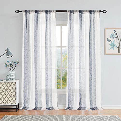 Central Park Sheer Navy Blue and White Stripe Farmhouse Curtains Boucle Linen Window Curtain Pane... | Amazon (US)