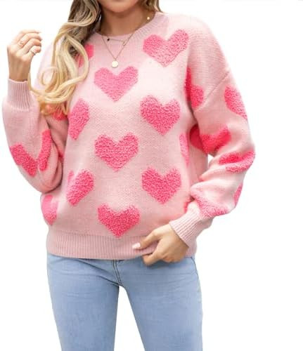 Women Heart Print Sweater Cute Love Graphic Long Sleeve Knitted Sweatshirt Oversized Shirt Top | Amazon (US)
