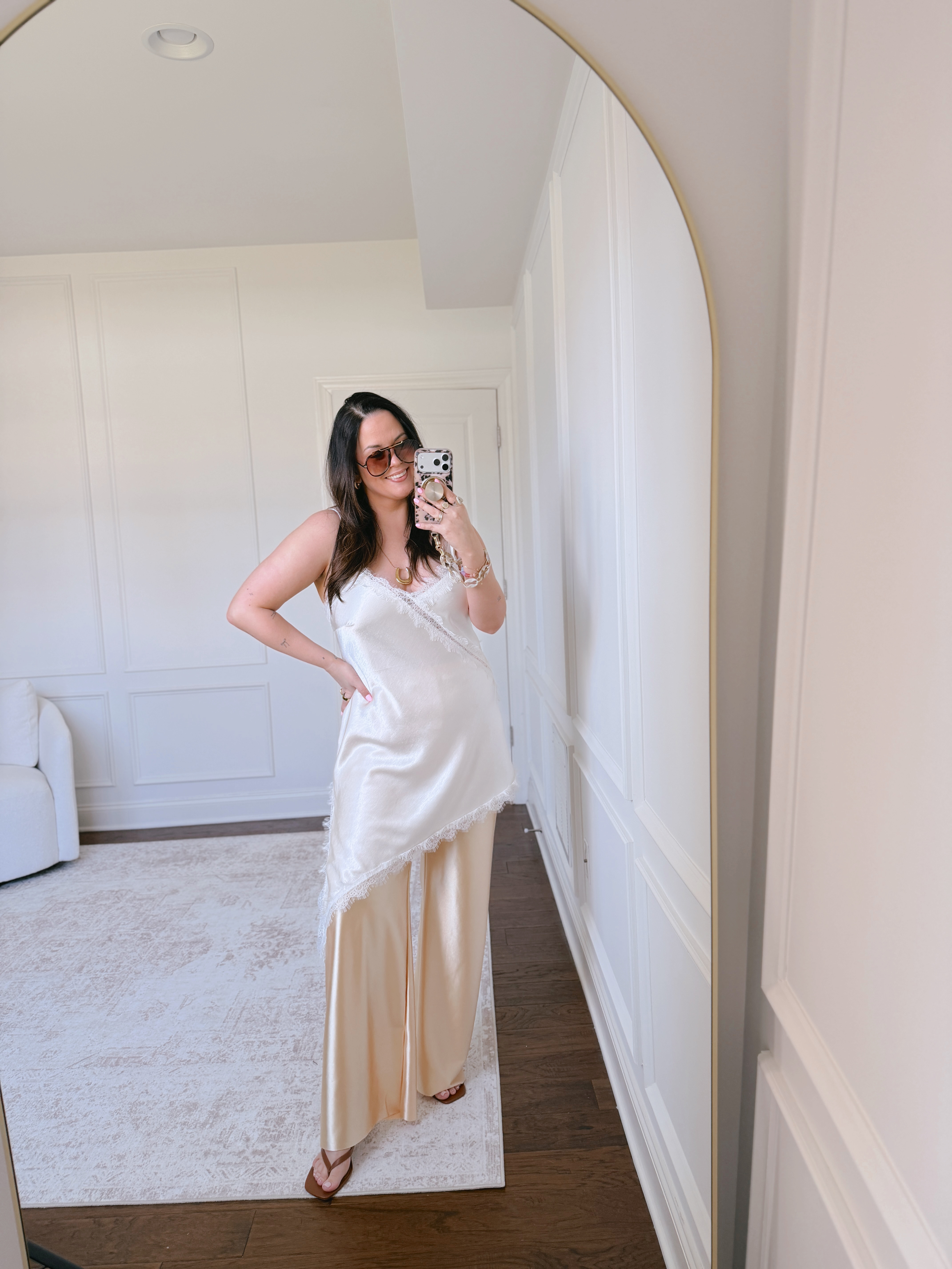 Dress up these wrinkle free satin pants for date night with a lace cami.. wearing a large in the pants and an XL in the top 

 #LTKootd #LTKSeasonal #LTKMidsize