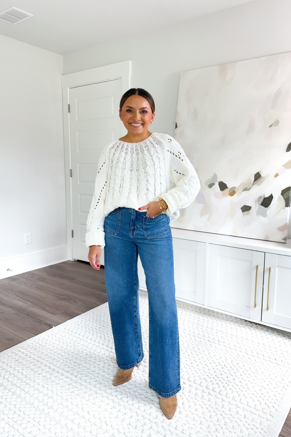 White cable knit sweater size XS TTS 
Vintage patch pocket wide leg jeans size 26 TTS I recommend a low heel or platform sneaker! 
Camel booties size 6 - sized up half a size

NORDSTROM SALE 
NSALE 
Airport outfit 
Teacher outfits 
Fall outfits 
Boots 

Honey Sweet Petite 
Honeysweetpetite

#LTKSaleAlert #LTKxNSale #LTKStyleTip