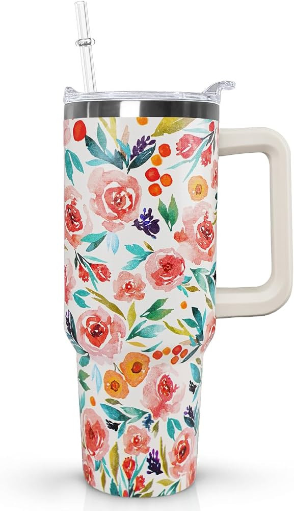 Ceovfoi Flower Tumbler with Handle Lid and Straw,40 Oz Watercolor Rose Bouquet Floral Tumbler Wat... | Amazon (US)