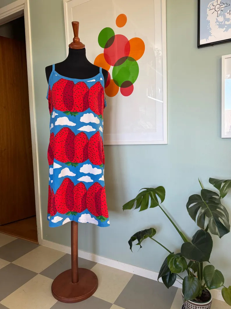 Vintage Marimekko Mansikkavuoret Dress | Maija Isola 1969 Print | Blue Red Sundress | Size L | Fi... | Etsy (Global)