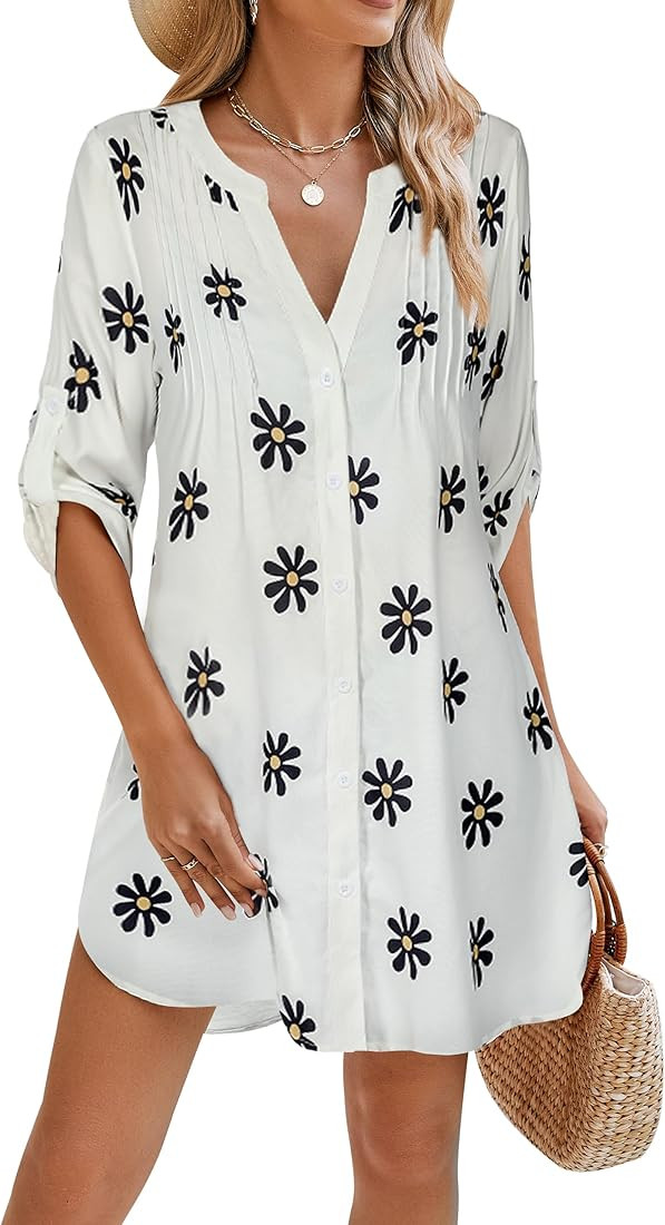 BMJL Women Beach Cover Ups V Neck Button Down Swimsuit Coverup Swimwear Bathing Suit Cover Up 202... | Amazon (US)