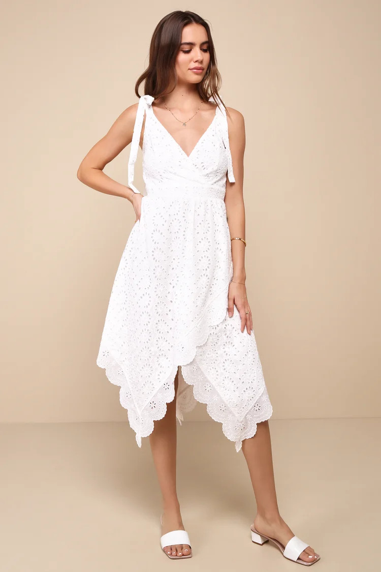 Darling Life White Embroidered Tie-Strap Handkerchief Midi Dress | Lulus