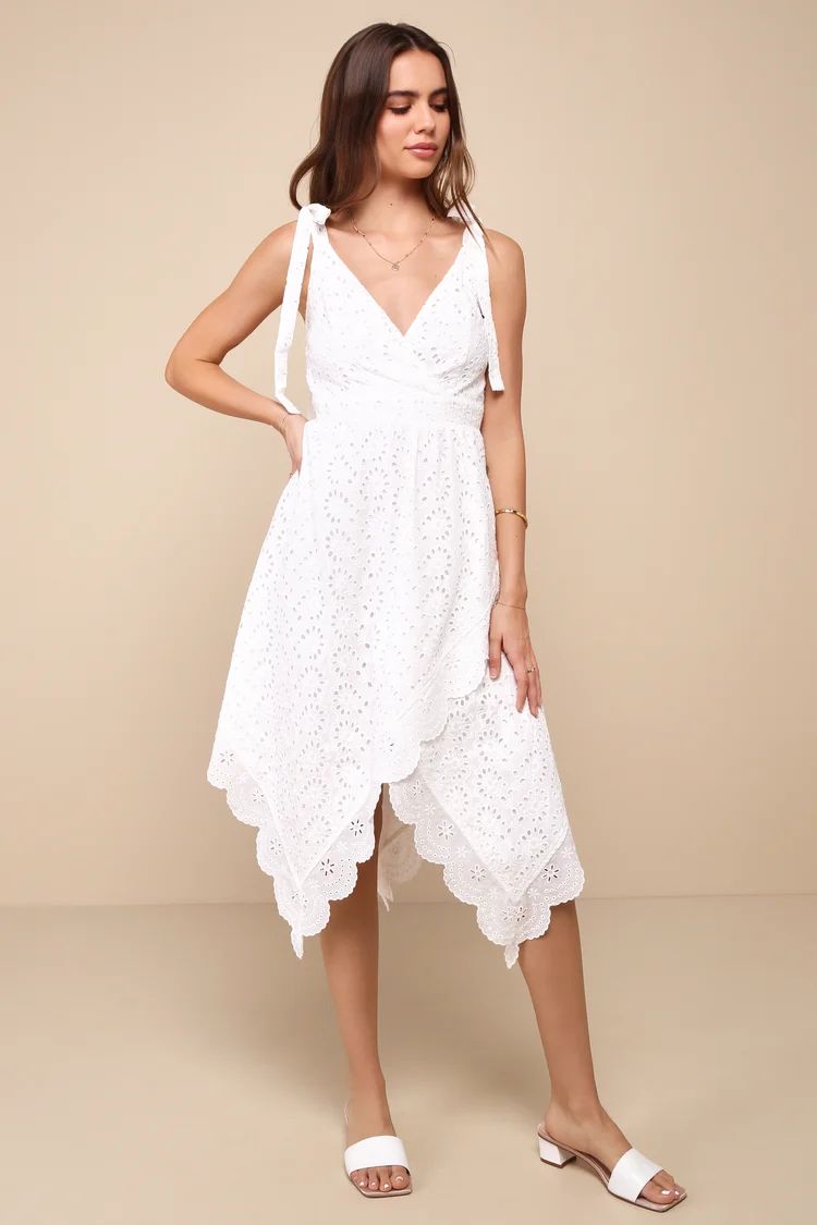 White Embroidered Tie-Strap Handkerchief Midi Dress | Vacation Outfits Beach | Vacation Looks | Lulus