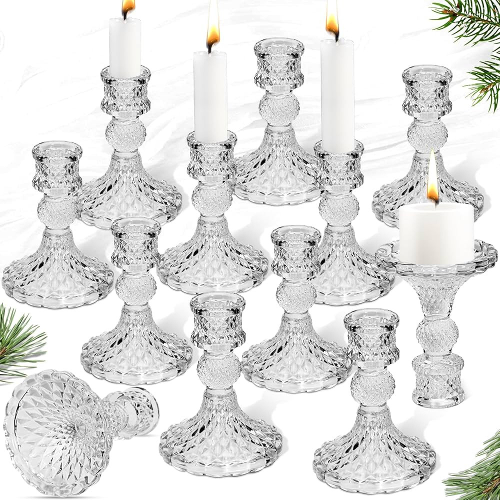 Taper Candlestick Holder Set of 12, Clear Glass Candle Holders for Candlesticks, Crystal Taper Ca... | Amazon (US)