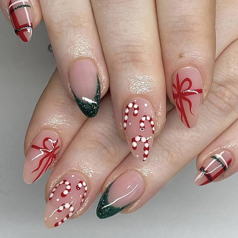 Christmas Press on Nails Medium Almond Fake Nails with Gift Design Green Glitter French Tips Glue... | Amazon (US)