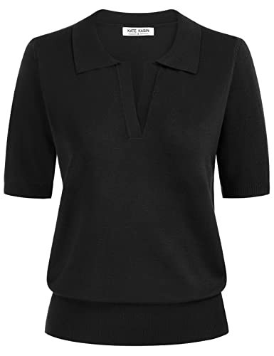 Kate Kasin Black Short Sleeve Sweaters for Women, V Neck Knit Tops, Business Casual Polo Shirts S | Amazon (US)