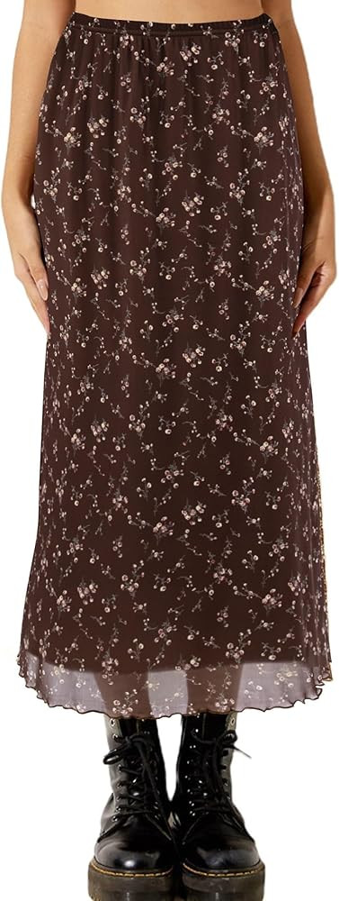 Avanova Women Mesh Floral Boho High Waist Midi Skirt Lettuce Trim Summer A Line Skirt | Amazon (US)