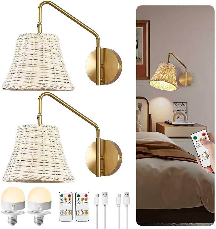 Rattan Wall Sconce Set of Two, Battery Operated Rechargeable Wall Light with Remote, Adjustable G... | Amazon (US)