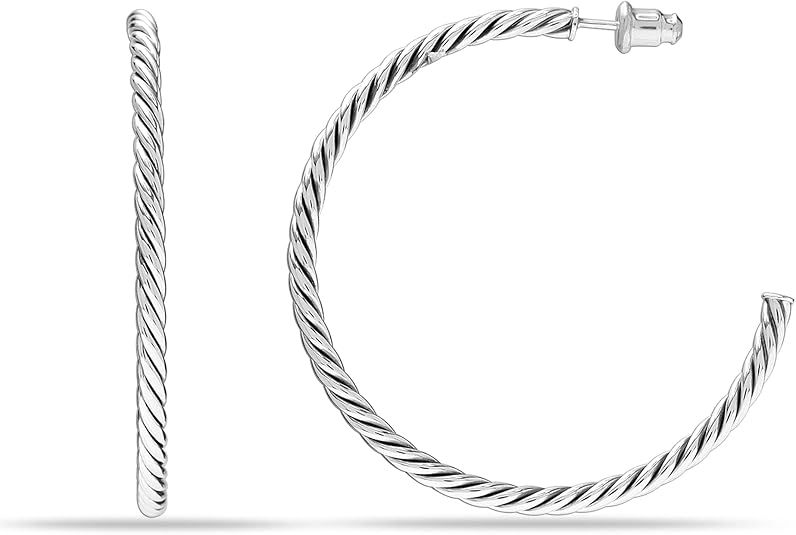 LeCalla 925 Sterling Silver LARGE Open Hoops Italian Twisted Diamond-Cut Half Hoop Earrings for W... | Amazon (US)