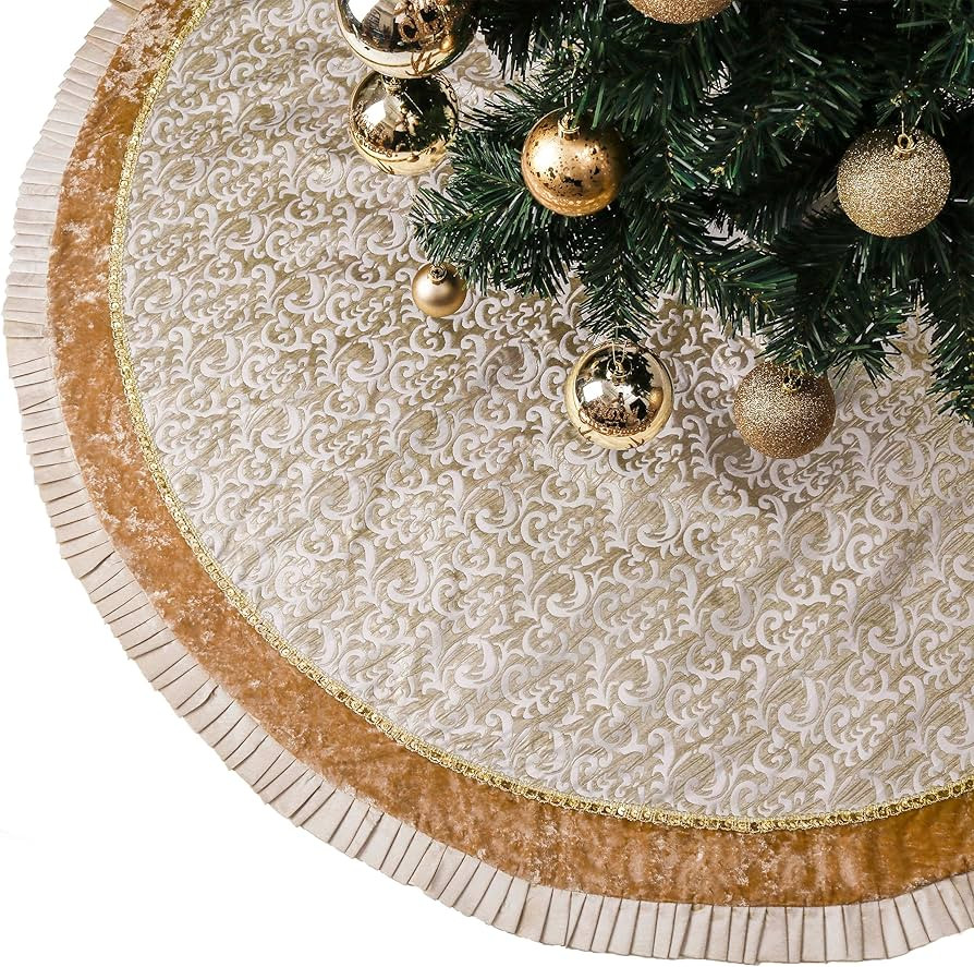 Valery Madelyn Christmas Tree Skirt for Tree Decorations, 36 Inch White Gold Small Xmas Velvet Tree Skirt with Embroidery Baroque Pattern & Pleated Border for Tree Merry Christmas Party Decor | Amazon (US)