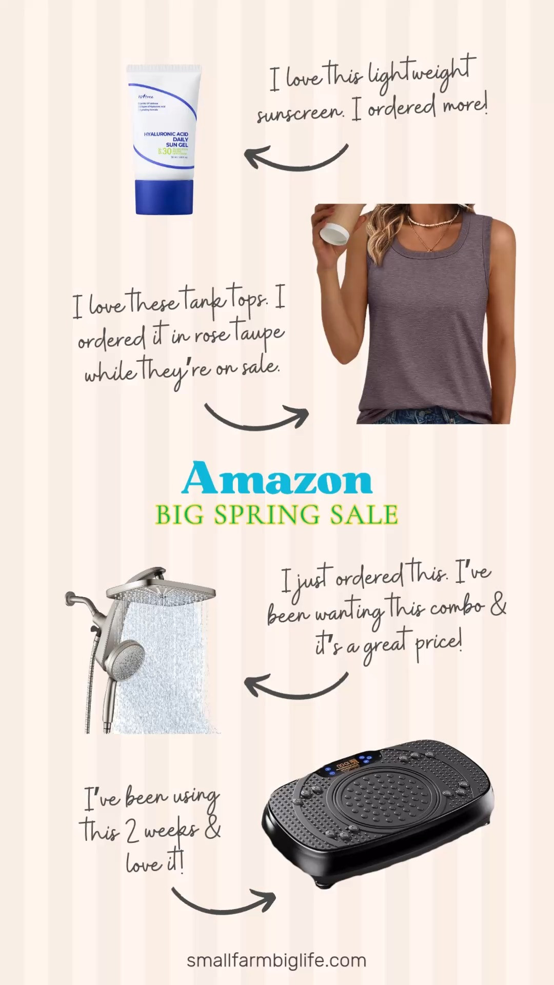 A few more Amazon Big Spring Sale finds I am personally buying and loving right now. The sale ends March 31 so do not sleep on these! 🌿✨ The ISNTREE Hyaluronic Acid Daily Sun Gel is my favorite lightweight sunscreen right now and I ordered more while it is on sale because I go through this one fast. The square neck flowy tank tops are so good and I ordered the rose taupe color. They are loose, comfortable, and so easy to style. The high pressure rain shower head with a handheld spray option is something I have been wanting for a while and this price is too good to pass up. It has a rain shower head plus a detachable handheld which is exactly what I was looking for. And the Vibration Plate Exercise Machine is one I have had for a couple of weeks now and am using for ten minutes twice a day. My chiropractor actually noticed a difference at my appointment yesterday which was such a great sign! Everything is linked and on sale now! 🛒 

 #LTKdayinmylife #LTKOver40 #LTKSaleAlert