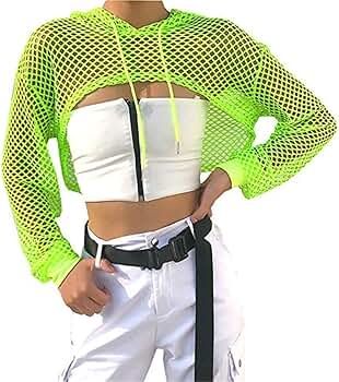 Smile Fish Women Casual Sexy 80s Costumes Concert Fishnet Neon Crop Hoodies T-Shirt | Amazon (US)