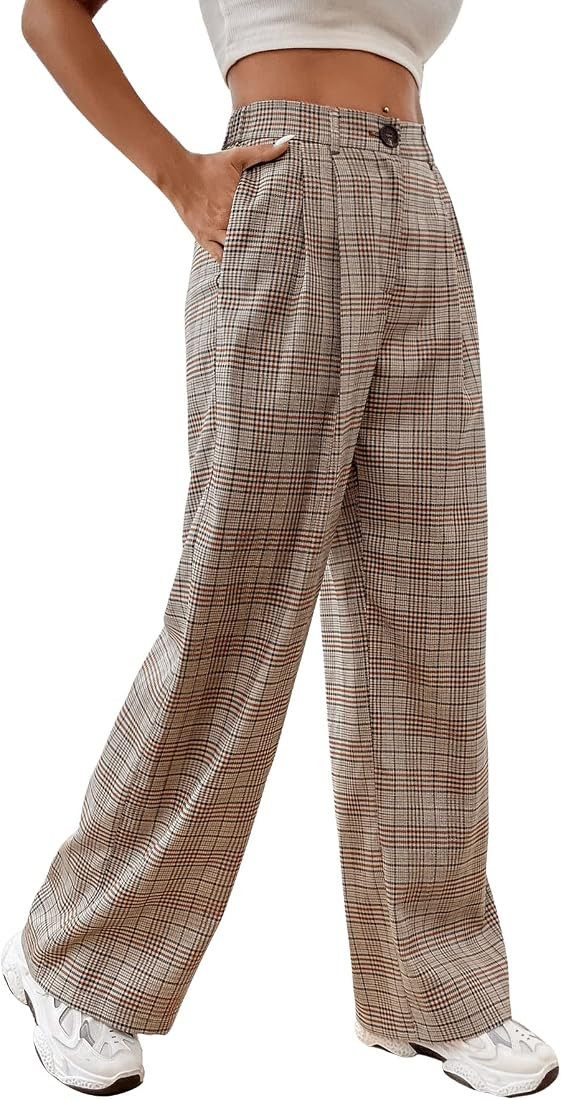 SweatyRocks Women's Casual Plaid Print Pants High Waist Wide Leg Pleated Trouser Pants | Amazon (CA)