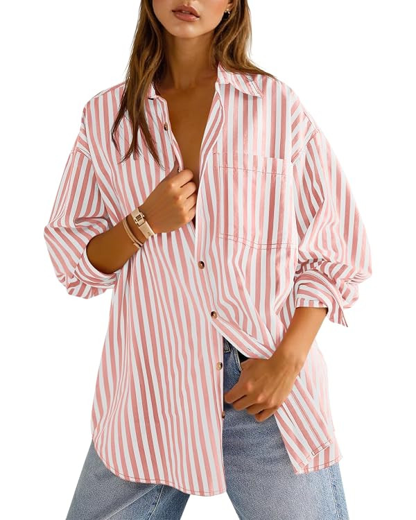 Cicy Bell Womens Oversized Striped Button Down Shirts Boyfriend Long Sleeve Collared Work Blouses | Amazon (US)
