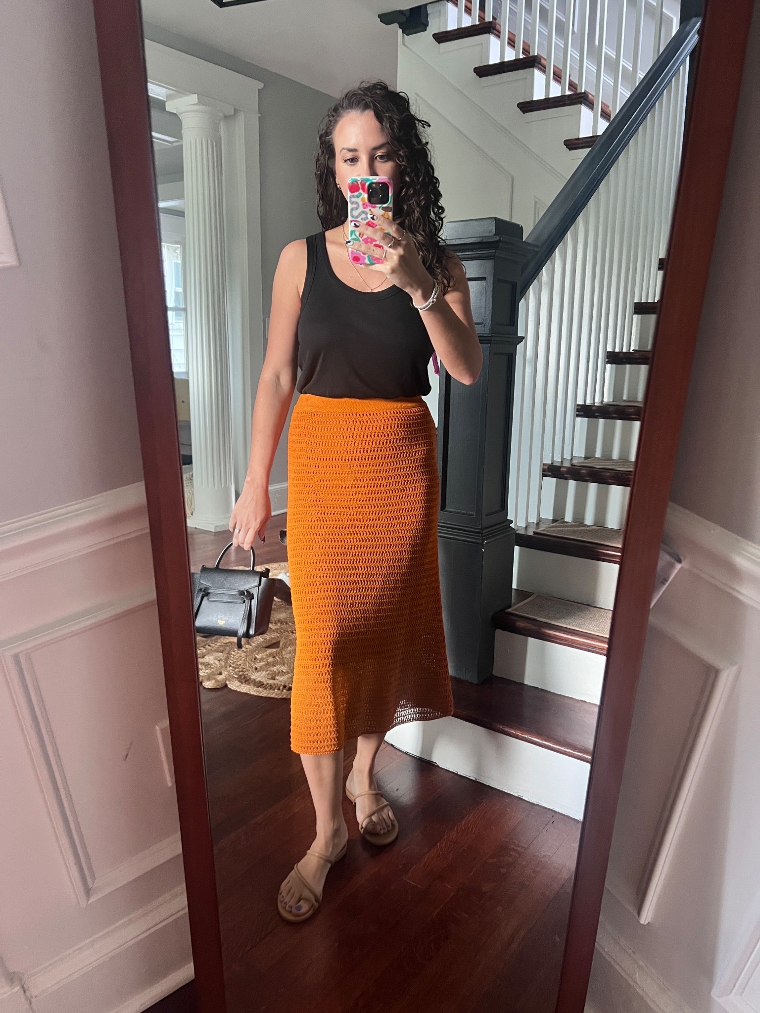 Crochet. Orange skirt. Vince skirt. Midi skirt. Orange midi skirt. Reformation sandals. Samdals. Summer outfit. Date night. Black tank. Anine Bing.

#LTKFindsUnder100 #LTKSummerEdit #LTKSaleAlert
