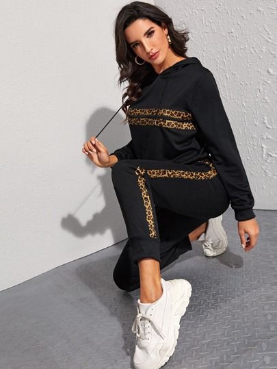 Contrast Leopard Drawstring Hoodie With Sweatpants | SHEIN