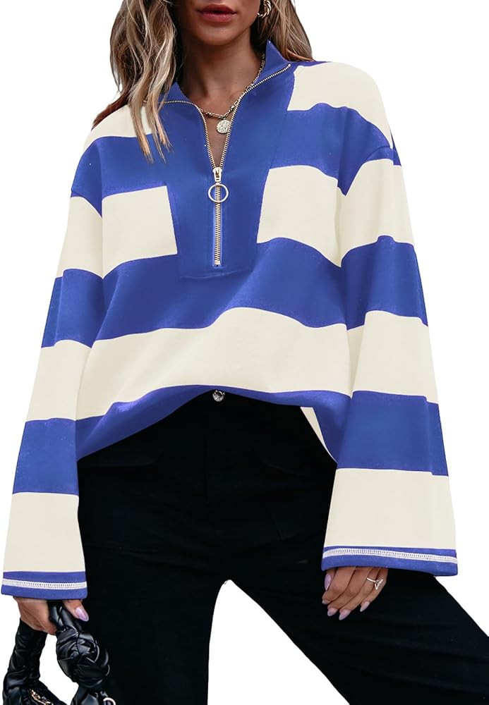 AlvaQ Womens Oversized Sweatshirt 2024 Casual Striped Long Sleeve Half Zip V Neck Pullover Tunic ... | Amazon (US)